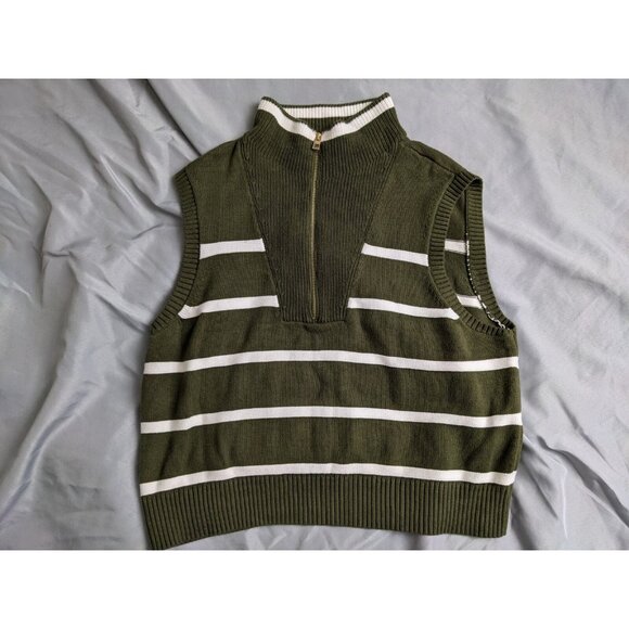 Talbots Sweater Vest Green 1/2 Zip Striped Cotton Blend Womens Size 2X - Picture 1 of 7